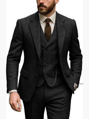 Men's 3-Piece Tweed Suit Double Breasted Blazer Vest Pants Wedding Formal
